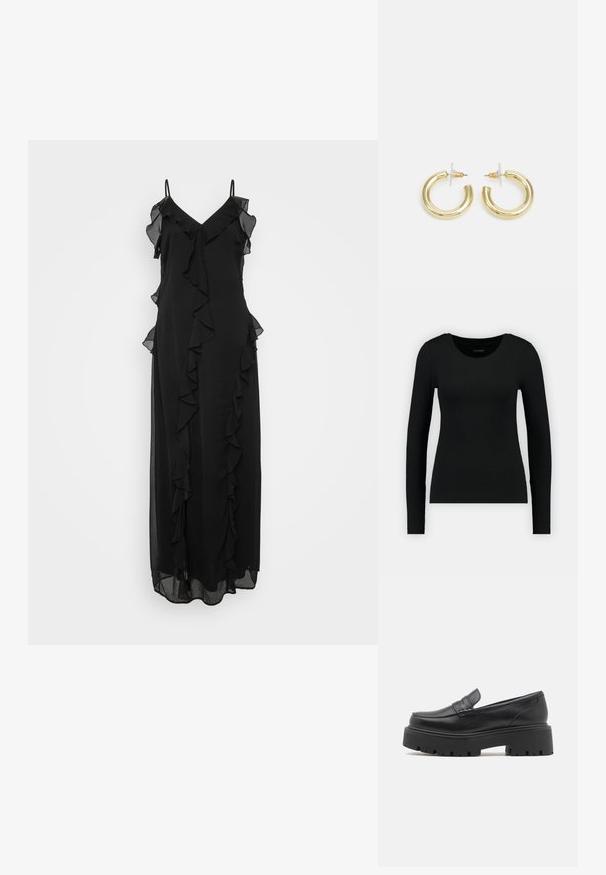 Černé maxi šaty s tenkými ramínky, které mají hluboký V-výstřih a volánové akcenty na přední části a po stranách, vyrobené z lehkého materiálu.; Černé dlouhé rukávy tričko vyrobené z žebrované tkaniny. Má kulatý výstřih a přiléhavý střih. Jednoduchý design bez vzorů nebo akcentů.; Černé kožené mokasíny s nízkou, masivní gumovou podrážkou, prošívanými detaily na svršku a hladkým povrchem.; Zlaté kruhové náušnice s hladkým, lesklým povrchem. Kruhový design s malým kolíčkem a průhledným záznamem pro bezpečné nošení.