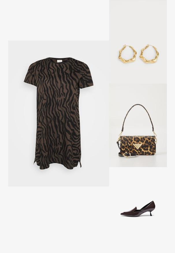 Kratka oblekica s kratkimi rokavi, ki prikazuje rjavo in črno tigerjevo črtasto vzorčenje, z stranskimi razporki na robu, prikazana na enobarvni beli podlagi.; Črne lakirane špičaste salonarice z nizko stiletto peto in elegantno silhueto, ki imajo rahlo dvignjen zgornji del.; Torba za čez ramo z leopardjim vzorcem iz teksturirane umetne usnjene, z zlatim trikotnim akcentom in odstranljivo naramnico.; Zlate uhane iz kroga z valovitim, teksturiranim dizajnom. Imajo tanek zapiralo iz žice in polirano, odsevujočo površino.