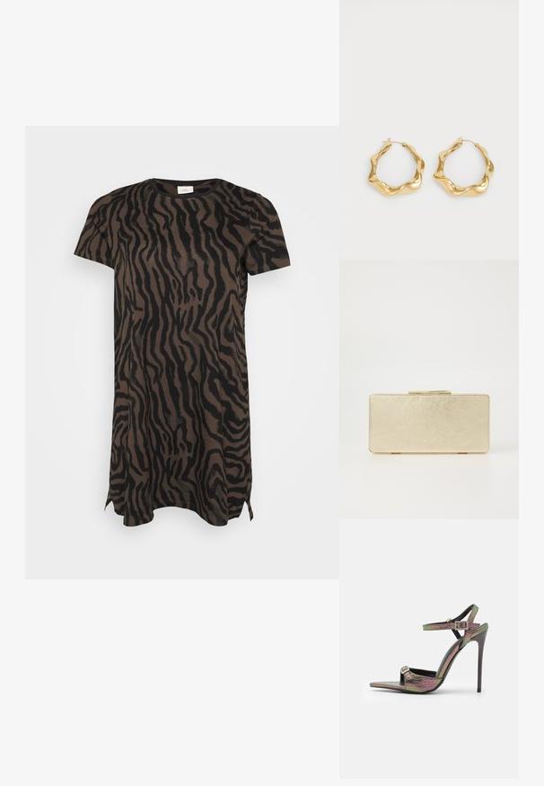 Kortärmad klänning med ett mönster av bruna och svarta tigersträck, med sidofickor vid fållen, visad mot en enkel vit bakgrund.; Högklackad sandal med ett flerfärgat, texturerat ormskinnsmönster. Har justerbara ankelremmar och en spetsig tådesign.; Guldväska med en jämn metallisk yta, rektangulär form och ett enkelt lås. Ingen synlig mönster eller dekorationer.; Guldörhängen med en vågig, texturerad design. Har en tunn trådknäppning och en polerad, reflekterande yta.
