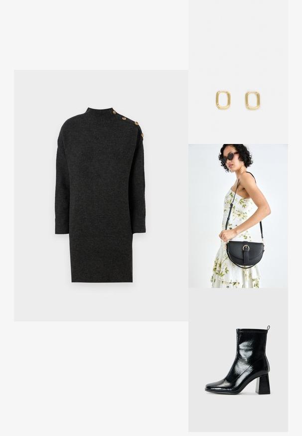 Temno siva pletena obleka s visokim ovratnikom, tri četrt rokavi in dekorativnimi zlatimi gumbi na eni rami. Gladka tekstura.; Črne lakaste gležnjarice s kvadratnim nosom in masivnim geometrijskim petam. Imajo gladko, sijočo teksturo in zadaj potegovalno zanko za enostavno obuvanje.; Črna usnjena torbica s ukrivljeno obliko, z odstranljivo naramnico in zlatimi dodatki. Torbica ima pokrov s podrobnostmi v obliki zaponke.; Zlate pravokotne obročaste uhane z gladko teksturo in zaobljenimi robovi. Oblikovanje ima minimalistično, geometrijsko obliko.
