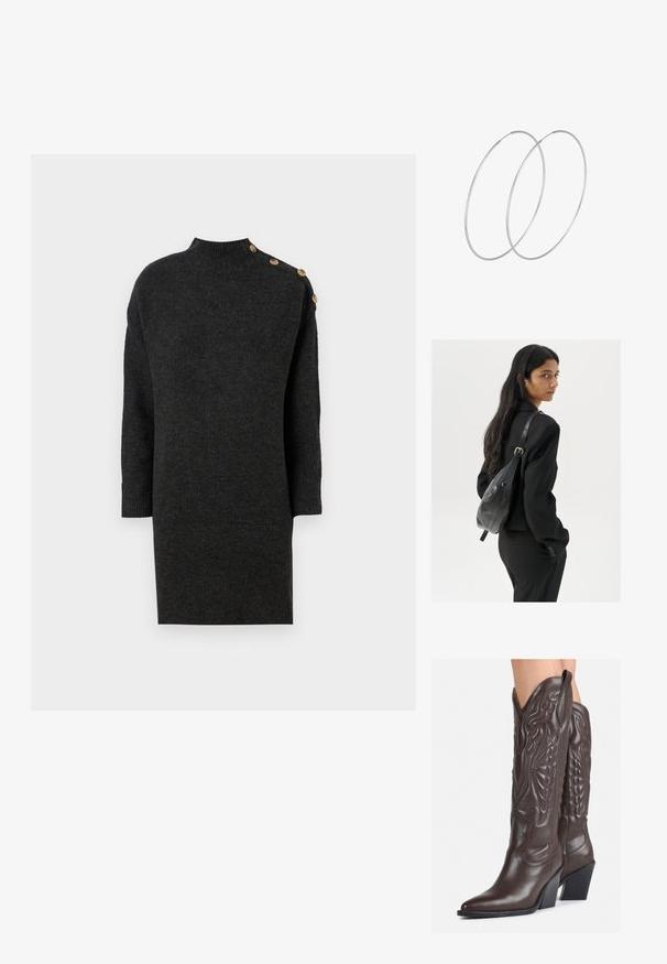 Tmavošedý pletený overal s vysokým golierom, trojštvrťovými rukávmi a dekoratívnymi zlatými gombíkmi na jednom ramene. Hladká textúra.; Hnedé kožené kovbojské topánky s špicatou špičkou a blokovým podrážkou, so zložitým prešívaním a vyvýšenými akcentmi na puzdre.; Žena s dlhými tmavými vlasmi, oblečená v čiernom obleku, nesúca čiernu koženú kabelku na ramene, pozerajúca cez rameno na bielom pozadí.; Strieborné kruhové náušnice s minimalistickým dizajnom. Cirkulárny tvar, hladký povrch a tenký profil. Ľahké s lesklým povrchom.