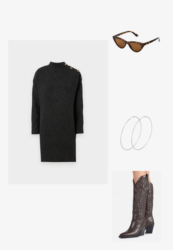 Dunkelgraues, gestricktes Kleid mit hohem Kragen, dreiviertellangen Ärmeln und dekorativen goldenen Knöpfen an einer Schulter. Glatte Textur.; Braune Leder-Cowboy-Stiefel mit spitzem Punkt und Blockabsatz, die über detaillierte Stickereien und hervorgehobene Akzente am Schaft verfügen.; Katzenaugen-Sonnenbrille mit einem schwarz-orangenen Schildpattrahmen, braunen Gläsern und schlanken, spitzen Enden. Verfügt über ein minimalistisches Logo am Bügel.; Silberne Creolen mit minimalistischem Design. Rundform, glatte Oberfläche und dünnes Profil. Leichtgewichtig mit hochglänzender Oberfläche.