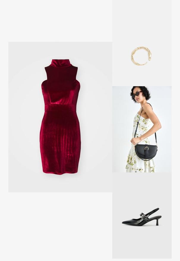 Punane sametkleit, millel on vale krae, ilma varrukateta disain, sobituv rinnaosa ja tekstuuriga pind. Künnipikkuse lõige, mis on valmistatud sujuvast ja läikivast kangast.; Mustad patenteeritud nahast sildiga kontsad, millel on terav nina ja väike plokk-konts, mille rihmal on hõbedane pandla aksessuaar.; Mustmust mustraha kõverate joontega, eemaldatava rihmaga ja kuldsete detailidega. Kotil on klapp, millel on pandladetail.; Kuldtoonis sõrmus, millel on orgaaniline, keerdunud disain sileda tekstuuri ja kitsenevate otstega, luues kaasaegse skulptuurilise välimuse.