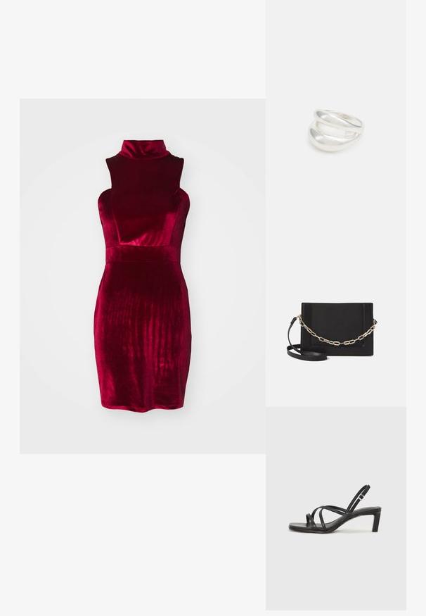 Punane sametkleit, millel on vale krae, ilma varrukateta disain, sobituv rinnaosa ja tekstuuriga pind. Künnipikkuse lõige, mis on valmistatud sujuvast ja läikivast kangast.; Mustast rihmajalatsid ruudukujulise varba ja madala ploki kontsaga. Omab mitmeid õhukesi rihmasid ja reguleeritavat pahkluu rihma. Valmistatud siledast nahast.; Mustast nahast õlakott, mis omab siledat tekstuuri, ristküliku kuju ning esiküljel metallketi detaili. Reguleeritav rihm on kaasas.; Hõbedane kahekordne rõngas sujuva, poleeritud pinnaga. Omab voolavat, kõverat disaini, millel on kattuvad sektsioonid, et saavutada kaasaegne ilme.