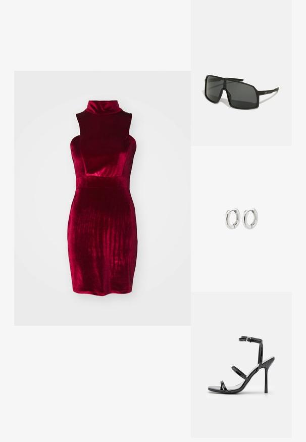 Červené sametové šaty s vysokým golierom, bezrukávovým strihom, priliehavým korzetom a textúrovaným povrchom. Strih do kolien s hladkým, lesklým materiálom.; Čierne lakované kožené sandále na vysokom opätku s tromi vodorovnými pruhmi a nastaviteľným popruhom okolo členku. Elegantný silueta a lesklý povrch.; Čierne slnečné okuliare s veľkým, ostrým rámom, tmavými sklami a tenkými, elegantnými stranami, na ktorých je malá značka na jednej strane.; Strieborné kruhové náušnice s lešteným povrchom, s obvodovým dizajnom a bezšvíkovými pántmi, ktoré majú hladkú textúru.