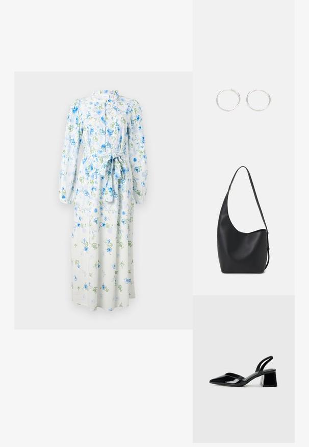 Rochie florală cu modele albastre și verzi pe un fundal deschis, cu mâneci lungi, un decolteu cu nasturi și un detaliu legat la talie.; Pantofi cu toc slingback din piele lacuită neagră, cu vârf ascuțit și toc geometric. Prezintă un design elegant, minimalist și o textură netedă.; Geantă hobo din piele neagră, cu o textură netedă, formă curbată și un singur bretele ajustabil; are o deschidere largă în partea de sus.; Cercei din argint cu un design elegant și rotund, având o suprafață netedă și fără embellismente vizibile. Diametrul nu este specificat.