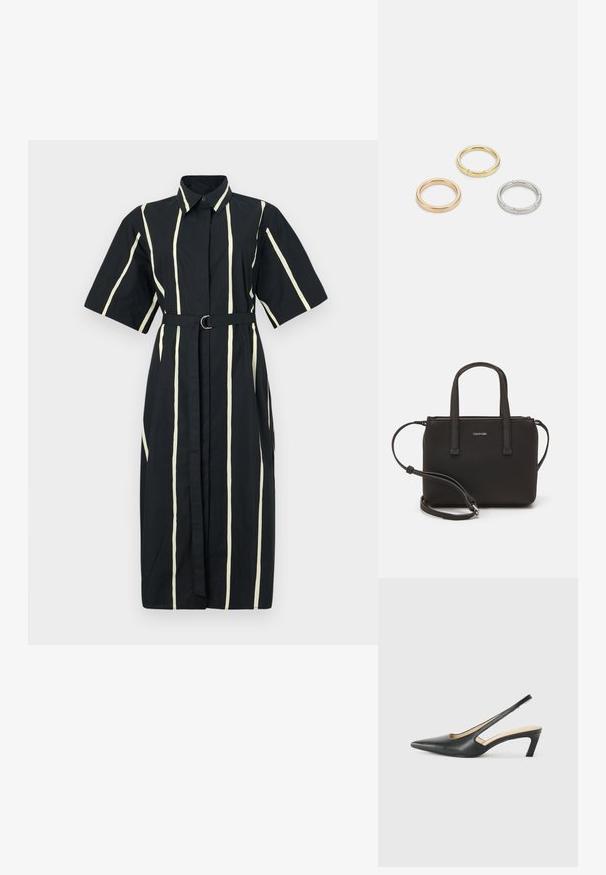 Črna obleka s kratkimi rokavi, belimi navpičnimi črtami in pasom s krožno sponko v pasu. Iz bombažnega materiala.; Črne čevlje s koničastimi nosovi in slingback obliko z nizko peto, izdelane iz gladke usnjene materiale ter s črtasto zasnovo na strani za prezračevanje.; Črna torbica z dvema kratkima ročajema in odstranljivim naramnim trakom. Gladek usnju podoben material z zadrgo in podrobnostmi z logotipom.; Trije kovinski prstani: eden rožnato zlati, eden zlat z teksturiranimi detajli in eden srebrn, vsi z vgraviranim logotipom na notranji strani.