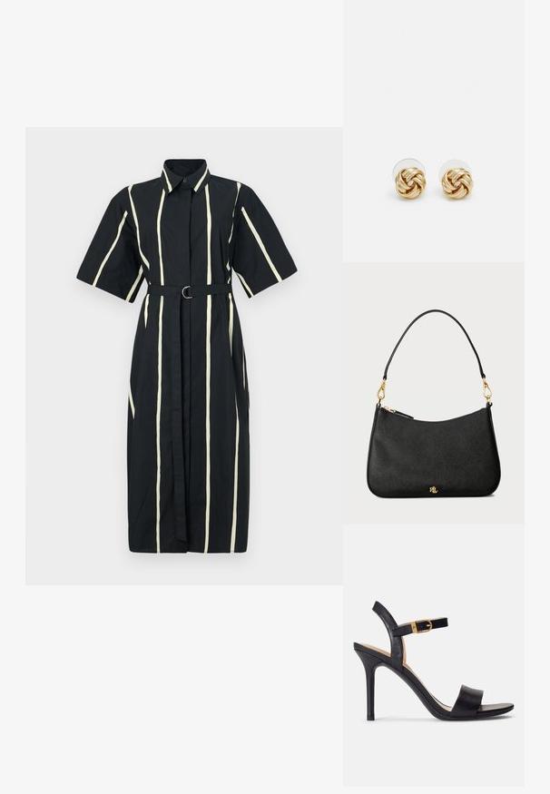 Svart skjortklänning med korta ärmar, vita vertikala ränder och ett bälte med en rund spänne vid midjan. Tillverkad i bomull.; Svarta högklackade sandaler med en slät läderöverdel, öppen tå och en design med en enda rem med en guldbåge som accent.; Svart läderhandväska med en strukturerad design, som har dragkedjestängning, avtagbar rem och detaljer i guld.; Orrhängen i guldton med en knutdesign. Varje örhänge har en cirkulär klar baksida för säker användning.