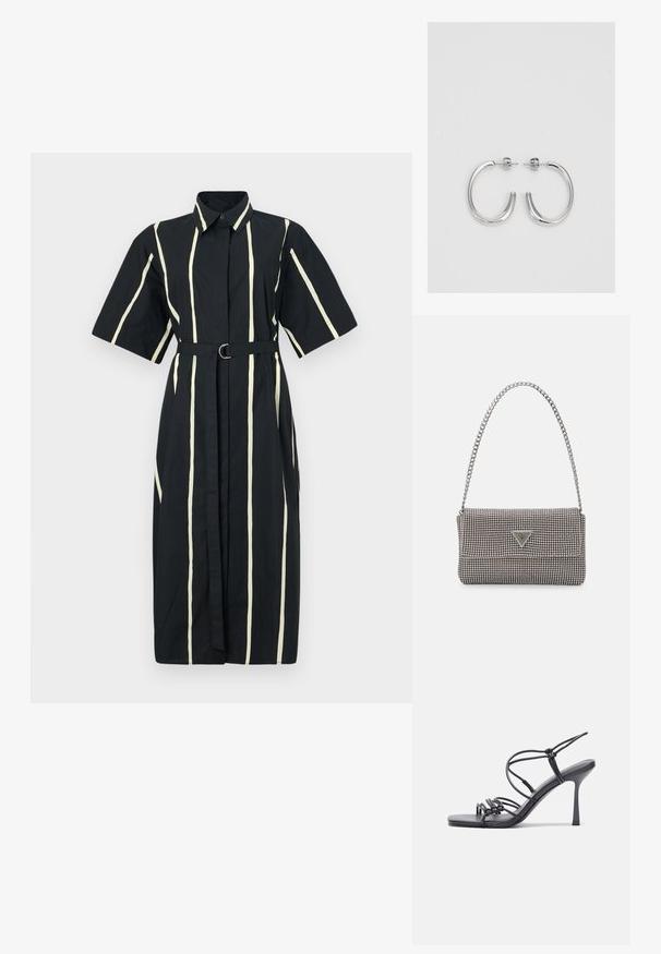 Rochie cămașă neagră cu mâneci scurte, dungi verticale albe și o curea cu cataramă circulară în talie. Material din bumbac.; Sandale negre cu toc înalt au curele subțiri cu un design legat, un vârf pătrat neted și un toc stiletto elegant.; Geantă metalică gri deschis, cu un strap din lanț, decorată cu mici ținte circulare metalice și un logo de marcă triangular.; Cercei rotunzi din argint cu un finisaj neted și strălucitor. Design ușor, având o formă rotundă și închidere cu tijă.