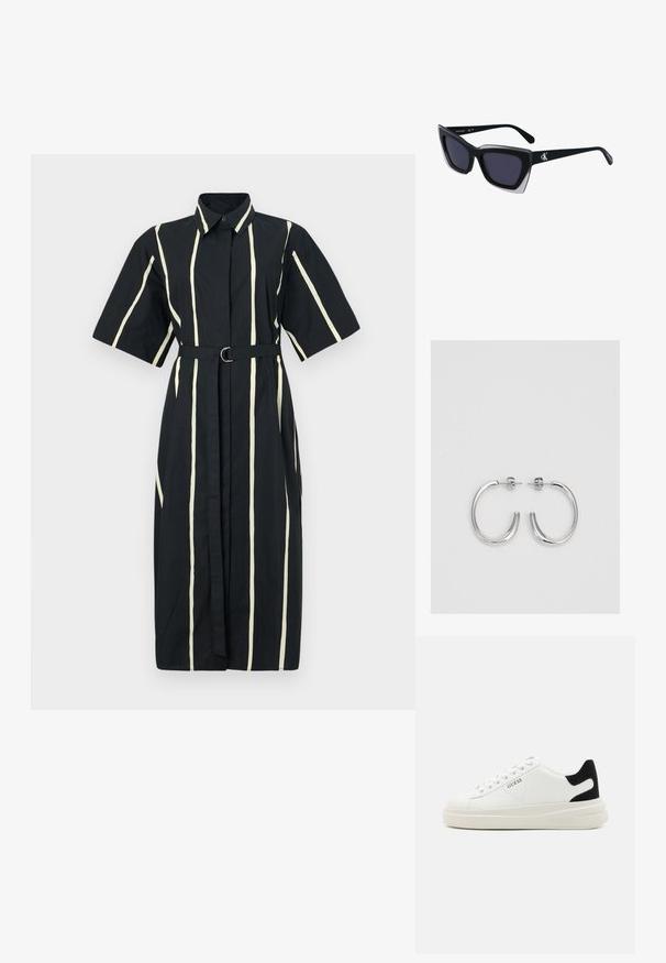 Čierne šaty s krátkymi rukávmi, biele vertikálne pruhy a opasok s kruhovou prackou v oblasti pásu. Bavlnený materiál.; Biele kožené tenisky s hrubou bielou podrážkou, čiernym zamekom na päte a vyrazeným logom na boku. Šnurovací dizajn so šiestimi očkami.; Čierne oversized slnečné okuliare s geometrickým tvarom, s tmavými šošovkami a kontrastným šedým detailom na ráme. Logo na mostíku.; Strieborné kruhové náušnice s hladkým a lesklým povrchom. Okrúhly tvar, ľahký dizajn, s uzáverom na kolík.