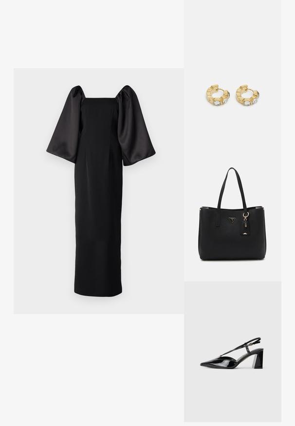 Svart klänning med kvadratisk halsringning, voluminösa puffärmar i satin och en lång, rak kjol. Slät textur genom hela plagget.; Svarta patenterade läder slingback högklackade skor med spetsig tå, justerbar rem och kraftig rektangulär klack.; Svart tote-väska gjord av texturerat syntetiskt material, med två handtag, en guldplakett med logotyp och en liten tagg med en detalj i accentfärg.; Guld hoops med en texturerad design och tre klara kristallaccentuer på ena sidan, vilket ger en modern geometrisk estetik.