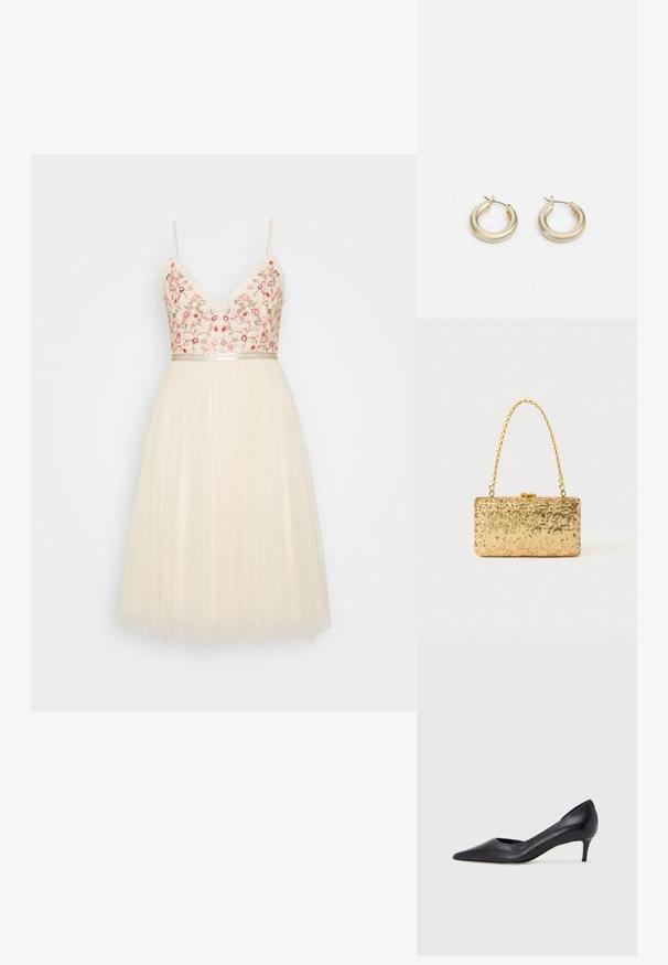 Needle & Thread ELSIE CAMI MIDI DRESS - Vestido de cocktail / Vestido de festa - champagne; Sapato de salto alto preto em pele com bico fino e salto baixo. Apresenta uma textura suave e brilho subtil. Corte aberto na parte da frente para um detalhe adicional.; Clutch dourada em lantejoulas com formato retangular, apresentando uma alça de corrente torcida e um fecho de metal, refletindo a luz com um acabamento texturizado.; Lauren Ralph Lauren BASIC SMALL HOOP - Brincos - gold-coloured