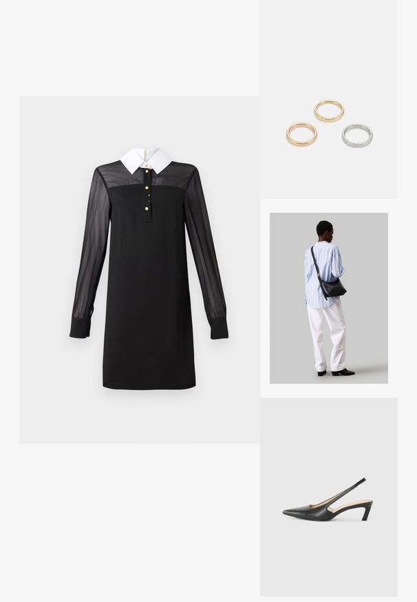 Μαύρο φόρεμα με λευκό γιακά, μακρύ διαφανές μανίκι, κουμπί με κουμπιά από χρυσό και εφαρμοστή σιλουέτα. Απαλή υφή σε όλη του την επιφάνεια.; Μαύρο παπούτσι slingback με αιχμηρή μύτη και χαμηλό τακούνι, κατασκευασμένο από λείο δέρμα με σχέδιο κοπής στη πλευρά για αερισμό.; Μαύρη δερμάτινη τσάντα ώμου με απαλή υφή, τριγωνικό σχήμα και ρυθμιζόμενο λουρί, συνδυασμένη με ένα ανοιχτό μπλε ριγέ πουκάμισο και λευκό παντελόνι.; Τρία μεταλλικά δαχτυλίδια: ένα ροζ χρυσό, ένα χρυσό με υφές και ένα ασημένιο, όλα με εγχαραγμένο λογότυπο στην εσωτερική πλευρά.