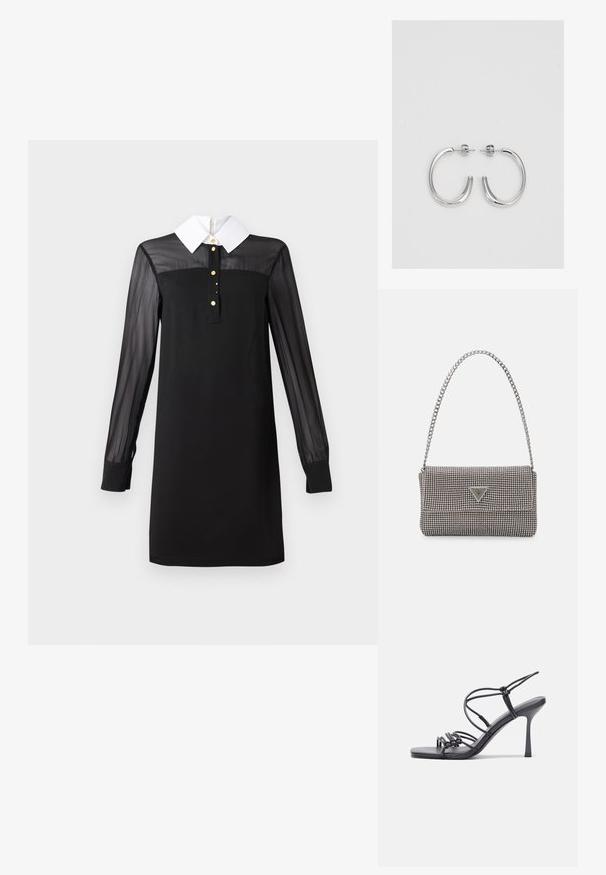 Vestido preto com colarinho branco, mangas longas transparentes, fechamento com botões dourados e silhueta ajustada. Textura suave em todo o vestido.; As sandálias de salto alto pretas apresentam tiras finas com um design em nó, uma biqueira quadrada lisa e um elegante salto agulha.; Bolsa metálica cinza claro com uma alça de corrente, adornada com pequenos rebites metálicos circulares e um logótipo triangular da marca.; Brincos de argola prateados com um acabamento suave e brilhante. Forma arredondada, design leve, com fecho de pino.
