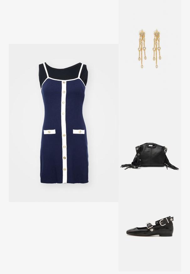Tengerészkék kötött ruha fehér részletekkel, kerek nyakkivágással, arany gombokkal az elülső részen és két fehér zsebfedővel.; Fekete lakkbőr lapos cipő négyzet alakú orral, ezüst hardware-rel ellátott bokapánttal és lapos talppal. Simaságával és minimalista dizájnjával kiemelkedő.; Maje MISS MINI - Keresztpántos táska - noir; Aranyszínű fülbevalók, több zuhanó lánccal, tiszta ovális strasszköves díszítéssel és dekoratív fülbevaló tetejével.