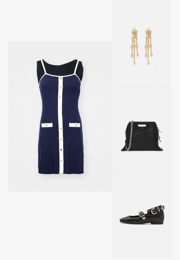 Tengerészkék kötött ruha fehér részletekkel, kerek nyakkivágással, arany gombokkal az elülső részen és két fehér zsebfedővel.; Fekete lakkbőr lapos cipő négyzet alakú orral, ezüst hardware-rel ellátott bokapánttal és lapos talppal. Simaságával és minimalista dizájnjával kiemelkedő.; Fekete bőr kézitáska, frufrus részletekkel, arany láncos vállpánttal és kivágott fogantyúval. Az elülső részen logó található.; Aranyszínű fülbevalók, több zuhanó lánccal, tiszta ovális strasszköves díszítéssel és dekoratív fülbevaló tetejével.