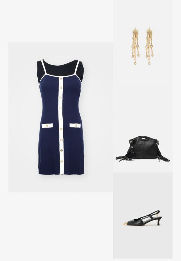 Marineblå strikket kjole med hvite detaljer, som har en rund utringning, gullknapper foran og to hvite lommeklapper.; Svarte skinn slingback-sko med spiss tå og gullmetallhette. Har utskjæringsdesign og en slank hæl med justerbar stropp.; Maje MISS MINI - Skulderveske - noir; Gullfargede øreringer med flere hengende kjeder, med klare ovale rhinestein aksenter og dekorative stud-topper.