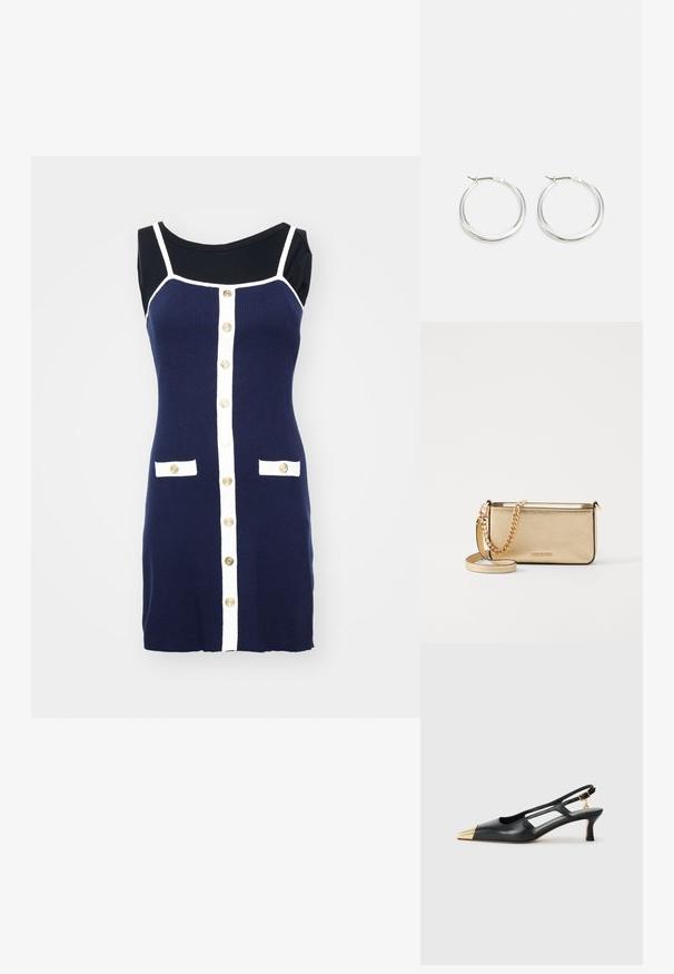 Marineblaues Strickkleid mit weißen Akzenten, mit einem Rundhalsausschnitt, goldenen Knöpfen auf der Vorderseite und zwei weißen Taschenklappen.; Schwarze Leder-Slingback-Schuh mit spitzem Zeh und goldfarbener Metallic-Kappe. Verfügt über ein Ausschnittdesign und einen schlanken Absatz mit verstellbarem Riemen.; Metallisch goldene Leder-Clutch mit strukturierter Oberfläche, ausgestattet mit einem goldenen Kettenriemen und einem abnehmbaren Schulterriemen. Markenlogo geprägt.; Silberne Creolen zeichnen sich durch ein glattes, rundes Design mit einem schlanken Profil und einem sicheren Verschluss aus. Minimalistischer Stil mit glänzender Oberfläche.