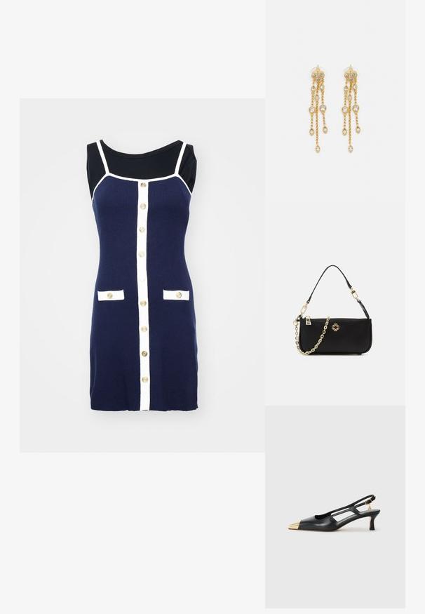 Rochie tricotată bleumarin cu accente albe, având decolteu rotund, nasturi aurii pe toată lungimea frontală și două clapete de buzunar albe.; Pantofii slingback din piele neagră, cu vârful ascuțit și vârf metalic auriu. Prezintă un design cu decupaje și un toc subțire cu curea ajustabilă.; Geantă de mână neagră cu o textură netedă, având o curea din lanț auriu, închidere cu fermoar și un emblema decorativă aurie pe față.; Cercei aurii cu multiple lanțuri suspendate, având accente din rhinestone ovale clare și capete decorative cu tighel.