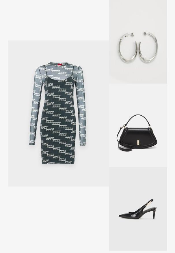Langermet kjole i mørkegrønn med et gjentakende hvitt "HUGO" logo mønster. Laget av tettsittende, elastisk stoff med rund hals.; Sorte skinn slingback høyhælte sko med spiss tå, glatt tekstur og en smal ankelrem med gullhardvareakenter.; Sort lærveske med en strukturert design, som har en avkortet form, topphåndtak og detaljer i gull. Justerbar skulderstropp inkludert.; Sølvøreringer med en jevn, buet design. Har en blank metallisk finish og en studlås. Ingen synlige mønstre eller aksenter.