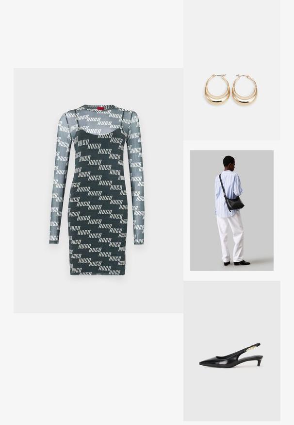 Šaty s dlouhým rukávem v tmavě zelené barvě s opakujícím se bílým vzorem loga "HUGO". Vyrobeny z přiléhavého, elastického materiálu s kulatým výstřihem.; Černé kožené boty na podpatku s otevřenou patou a špičatou špičkou, s tenkým podpatkem a zlatým akcentem na nastavitelném pásku. Hladký povrch.; Černá kožená kabelka přes rameno s jemnou texturou, trojúhelníkovým tvarem a nastavitelným popruhem, v kombinaci se světle modrou pruhovanou košilí a bílými kalhotami.; Náušnice ve tvaru kroužku zlaté barvy s půlměsícovým tvarem, lesklým povrchem a závěrečným uzávěrem. Hladká textura a reflexní povrch zvyšují viditelnost.