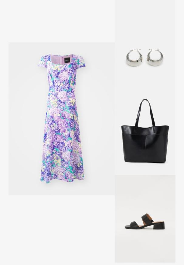 Violetti kukallinen mekko, jossa on lyhyet hihat ja neliön muotoinen pääntie. Valmistettu kevyestä kankaasta, jossa on lilas- ja vihreäkuvioiden klustereita.; Mustat nahka-sandaalit, joissa on kaksi leveää remmiä jalan yli, neliön muotoinen kärki ja matala lohko korko. Sujuva pinta ja minimalismi.; Musta nahkainen kassi, jossa on kaksi pitkää kahvaa, sileä pinta ja jämäkkä muoto. Sisältää etutaskun lisävarastointia varten.; Hopepronssi metalliset korvakorut, joissa on sileä, kiiltävä pinta ja rakenteellinen, pyöristetty muotoilu. Varustettu käänteellisellä lukolla turvallista käyttöä varten.