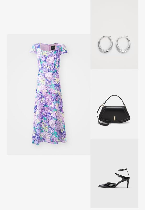 Purple floral dress with short sleeves and square neckline. Made of lightweight fabric, features clusters of lilac and green patterns.; Black patent leather heels with a pointed toe, adjustable ankle straps, and a slender heel. Smooth texture with a shiny finish.; Black leather handbag with a structured design, featuring a cropped shape, top handle, and gold hardware accent. Adjustable shoulder strap included.; Pair of polished silver crescent hoop earrings with hinged clasps on a white background.