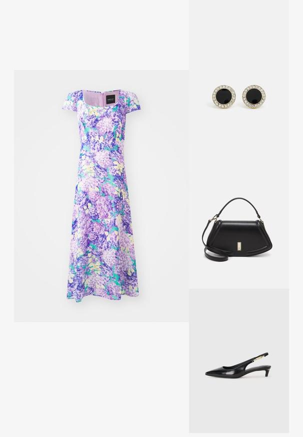 Lila virágmintás ruha rövid ujjal és négyzet alakú nyakkivágással. Könnyű anyagból készült, lilás és zöld minták tömegei díszítik.; Fekete bőr slingback magassarkúk, hegyes orral, vékony sarkakkal és arany színű részlettel a állítható pánton. Simа felület.; Fekete bőr kézitáska, strukturált dizájnnal, rövidített formával, felső fogantyúval és arany színű kiegészítőkkel. Állítható vállpánt is tartozik hozzá.; DKNY INLAY STUD - Fülbevalók - black/gold-coloured