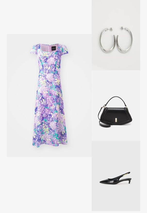 Blomstret maxikjole i lilla og blå nuancer med korte ærmer, rund halsudskæring og en flydende silhuet. Har et struktureret stofmønster.; Sorte læder slingback hæle med spids tå, der har en slank hæl og en guldfarvet detalje på den justerbare rem. Glat tekstur.; Sort læderhåndtaske med en struktureret design, der har en kortet form, tophåndtag og guld hardware-accenter. Justerbar skulderrem inkluderet.; Sølv hoops øreringe med et glat, buet design. Har en skinnende metallisk finish og studs-lukning. Ingen synlige mønstre eller accenter.