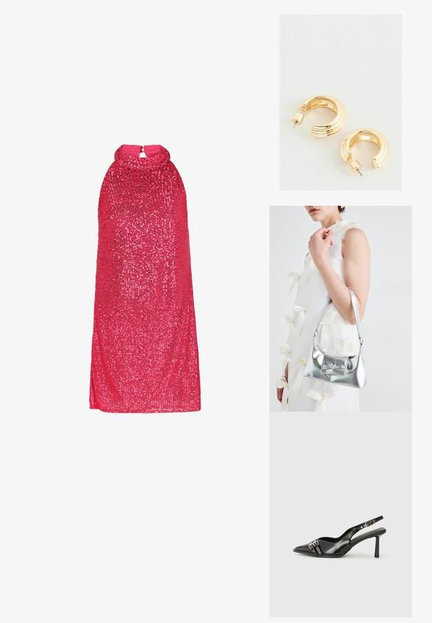 Ružičasta haljina s šljokicama, visokim kragnama, bez rukava i zatvaranjem na zatvarač straga. Glatka tekstura s sjajnim završnim slojem po cijeloj površini.; Crna lakirana slingback cipela s izduženim vrhom, remenčićima oko gležnja s srebrnim kopčama i dijelovima, te vitkim potplatom.; Srebrna metalik torbica sa strukturiranim oblikom, s gornjom drškom i detaljem mašne sprijeda. Glatka tekstura, reflektirajući finiš.; Zlatne kružne naušnice s poliranim završetkom, koje imaju urezani dizajn i zatvaranje na kopču. Okrugli, debeli oblik.