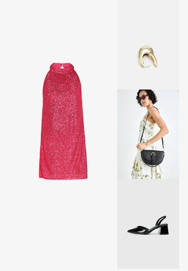 Roosa sädelev kleit kõrge kraega, ilma varrukateta ja selja lukuga. Sile tekstuur, millel on kogu ulatuses särav viimistlus.; Mustad musta lakknahk kingad, millel on terav varvas ja geomeetriline plokkkonts. Omab elegantselt minimalistlikku disaini ja sujuvat tekstuuri.; Mustmust mustraha kõverate joontega, eemaldatava rihmaga ja kuldsete detailidega. Kotil on klapp, millel on pandladetail.; Kuldtooni metallist kõrvarõngas, millel on elegantne ja kaarjas disain. Omab silmapaistvat teravat kuju, poleeritud pinda ja hingesulgemist.