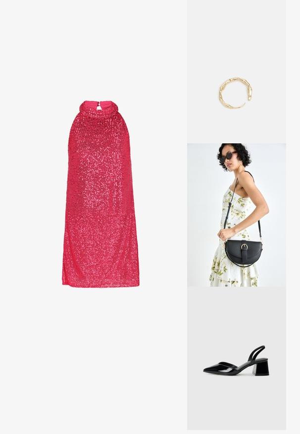 Rožinė blizgučių suknelė su aukštu apykakle, be rankovių dizainu ir užtrauktuku nugaroje. Lygus paviršius su visame nustebinimo efektu.; Juodos lakuotos odinės šlepetės su smailiu pirštu ir geometriniu bloko kulnu. Turi elegantišką, minimalistinį dizainą ir lygų paviršių.; Juodas odinis krepšys su išlenkta forma, nuimamu dirželiu ir auksiniais detalėmis. Krepšys turi kilpą su sagtimi.; Auksinės spalvos žiedas, turintis organišką, sukimosi dizainą su lygiu paviršiumi ir siaurėjančiais galais, sukuriantis modernią skulptūrinę išvaizdą.