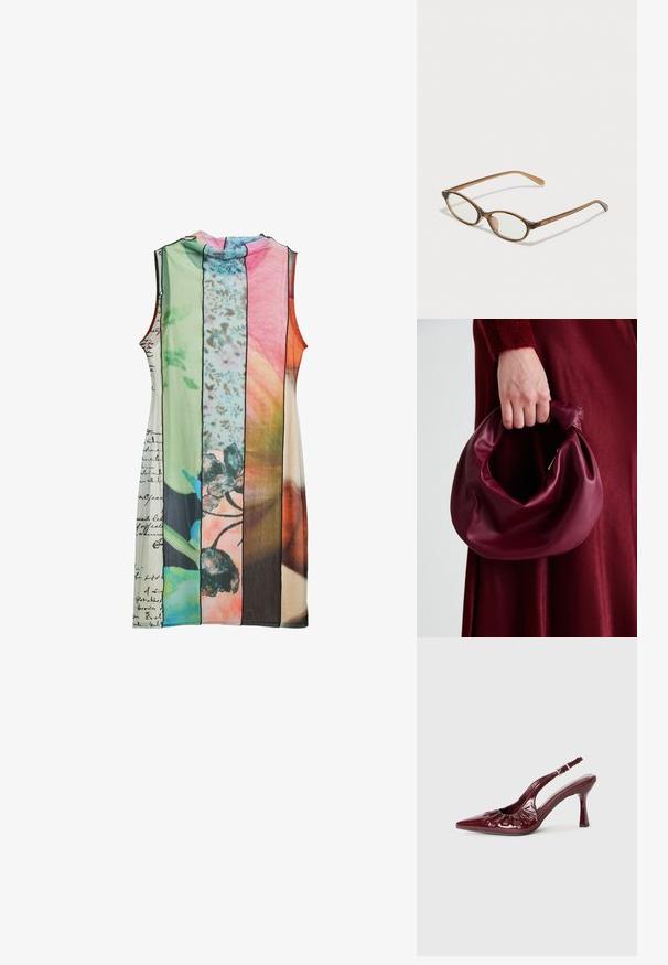 Bezrukávové šaty s pruhovanými panelmi v rôznych farbách: zelená, ružová, oranžová, s kvetinovými vzormi a ručne písanými textovými detailmi.; Burgundské lakové lodičky s otvorenou pätou, špicatou špičkou a volánikmi, s úzkym opätkom a nastaviteľným remienkom okolo členku.; Hnedé želvovinové okuliare s oválnymi sklíčkami, tenkými ramenami a priesvitnými akcentmi. Obsahujú jemný logo na stranici. Štýlový, ľahký dizajn.; Burgundská kožená kabelka s mäkkým, zhromaždeným dizajnom a zaobleným tvarom. Rukoväť je pevne zaisťujúca a vystavuje hladkú textúru.