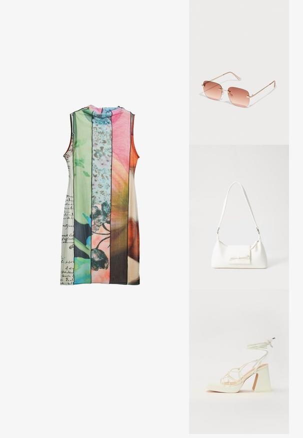 Ermeløs kjole med stribede paneler i varierende farver: grøn, pink, orange, med blomstermønstre og håndskrevne tekstdetaljer.; Hvide højhælede sandaler med en kraftig hæl, der har et stropdesign og ankelbinding. Glat tekstur med en platform foran for ekstra højde.; Rektangulære solbriller med gradient rosafarvede linser, guldmetalramme og pink stænger. Har små næsepuder og subtile hængsel detaljer.; Hvid syntetisk håndtaske med en trekantet form, flad forsideklap og sløjfedetalje, justerbar strop, glat tekstur og minimalistisk design.