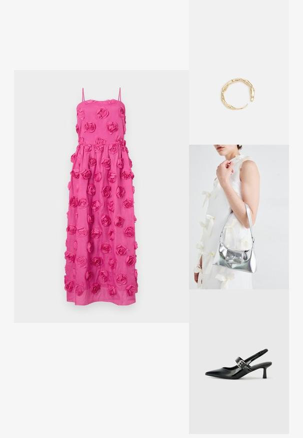 Vestido maxi rosa con tirantes finos, que presenta apliques tridimensionales de rosas en la tela y una silueta fluida.; Zapatos de tacón en charol negro con tira al tobillo, punta afilada y un pequeño tacón bloque, que cuentan con un acento de hebilla plateada en la correa.; Bolso de mano metálico plateado con forma estructurada, que presenta un asa superior y un detalle de lazo en el frente. Textura suave y acabado reflectante.; Anillo en tono dorado con un diseño orgánico y retorcido, con una textura suave y extremos cónicos, creando una apariencia moderna y escultórica.
