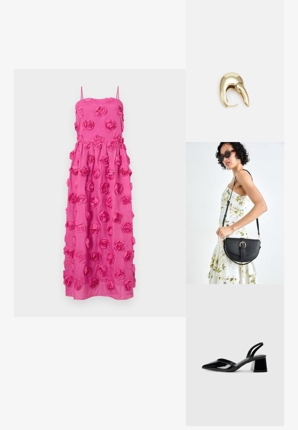 Rosa maxiklänning med spaghetti-axelband, prydd med tredimensionella ros-applikationer på tyget och en flödande silhuett.; Svarta lackläder slingback klackar med spetsig tå och geometrisk klack. Har en elegant, minimalistisk design och slät yta.; Svart läderhandväska med en böjd form, avtagbar rem och guldiga detaljer. Väskan har ett lock med en spänndetalj.; Örhänge i guldtonad metall med en elegant, böjd design. Har en distinkt spetsig form, polerad yta och gångjärnslås.