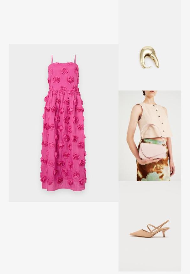 Roza maksi obleka s tankimi naramnicami, ki se ponaša s tridimenzionalnimi aplikacijami vrtnic na tkanini in z rahlo silhueto.; Cipiče z ravnim nosom v nude barvi z minimalnimi trakovi, narejene iz gladkega materiala, z 2-palčnim stiletto peto.; Roza usnjena torbica s ukrivljenim poklopcem, enim naramnim trakom in čistimi linijami. Torbica se ponaša z gladko teksturo in minimalističnim dizajnom.; Uhane nakit iz zlatastega tona z gladko, ukrivljeno zasnovo. Ima edinstveno koničasto obliko, polirano površino in zaponko s tečajem.