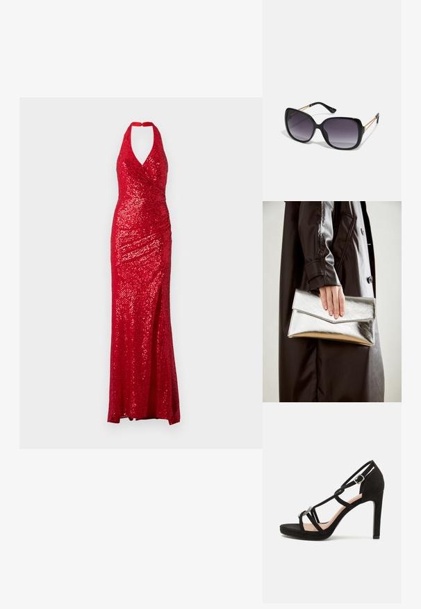 Crvena haljina s aplikacijama od šljokica, s halter izrezom, prilagođenim gornjim dijelom i bočnim prorezom. Tkanina ima sjajnu teksturu s drapiranim dizajnom.; Crne zamšaste sandale na visokom potpetici s ukrštenim trakama, ukrasnim akcentom u srebrnoj boji i platformom za dodatnu visinu.; Crne prevelike sunčane naočale s gradijentnim lećama, debelim okvirom i zlatnim lancem kao detaljem na krakovima.; Srebrna metalik torbica s kutijastim dizajnom, glatke teksture i kontrastne boje unutrašnjosti, držana u ruci koja nosi crni kaput.