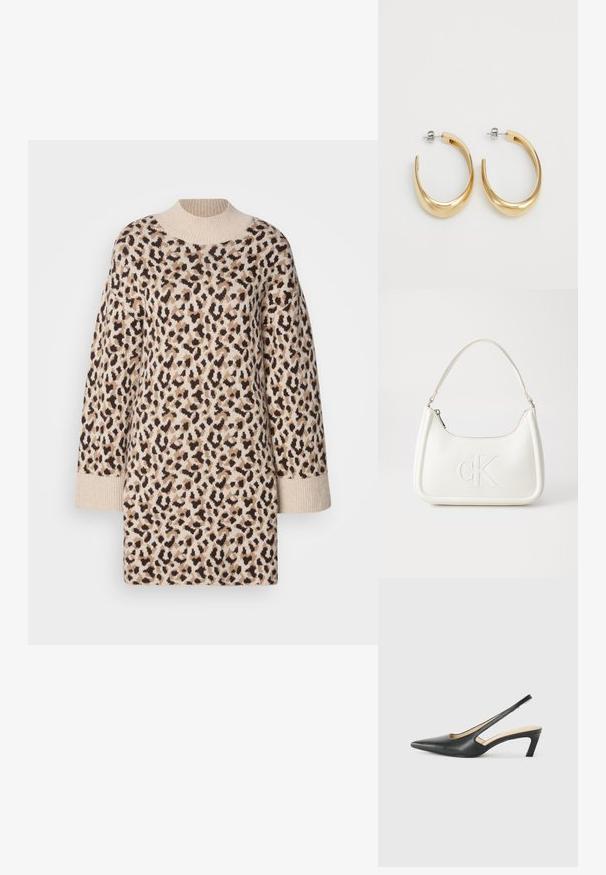 Beige alapú kötött pulóver, fekete és barna leopárdmintával. Magas kerek nyakkal és bordázott mandzsettákkal az oversized ujjakon.; Fekete, hegyes orrú, slingback cipő alacsony sarkával, sima bőrből készült, oldalt kivágott deisgnal a légáteresztőképesség érdekében.; Fehér bőrtáska ívelt formájú, elöl feltűnő "CK" logóval, egyetlen vállpánttal. Cipzáras zárás a tetején.; Aranyszínű karika fülbevalók sima, ívelt dizájnnal. Fémből készültek, elegáns kivitelben, és tűzáras zárással rendelkeznek.