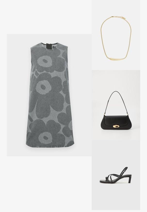 Hihaton harmaa denimpuku, jossa on suuria tummanharmaita kukkakuvioita. Pyöreä pääntie, jossa on avovaraus takana, ja suora siluetti.; Mustat hihnalligat, joissa on neliön muotoinen kärki ja matala lohkokorko. Ominaisuuksiin kuuluu useita ohuita hihnoja ja säädettävä nilkkahihna. Valmistettu sileästä nahasta.; Musta nahkainen käsilaukku, jossa on kaareva muotoilu, kultasävyiset yksityiskohdat ja yläkahva. Sisältää tyylikkään sulkijan ja sileän pinnan.; Kultaketju, jossa on sileä, kaareva keskuskoriste. Mukana joustava ketju, jossa on lutikka-ansa ja lisä-adjustoitavat ketjulenkit.