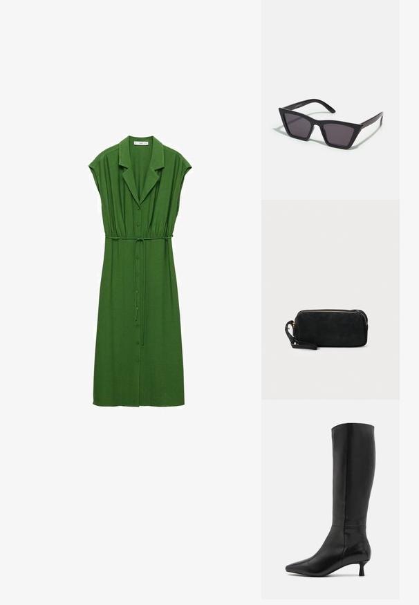 Zelené šaty na knoflíky s krátkým rukávem, páskem v pase a límcem. Vyrobené z jemného materiálu s plisovanými detaily a středně dlouhým střihem.; Zign Vysoká obuv - black; Černé, ostré sluneční brýle s šedými skly; vyrobené z plastu, s mohutnými rameny a hladkým povrchem bez viditelného hardwaru.; Černá semišová kabelka na ruku se zipovým uzávěrem a odnímatelným zápěstním řemínkem. Vybaveno zlatými kovovými detaily a hladkým, matným povrchem.