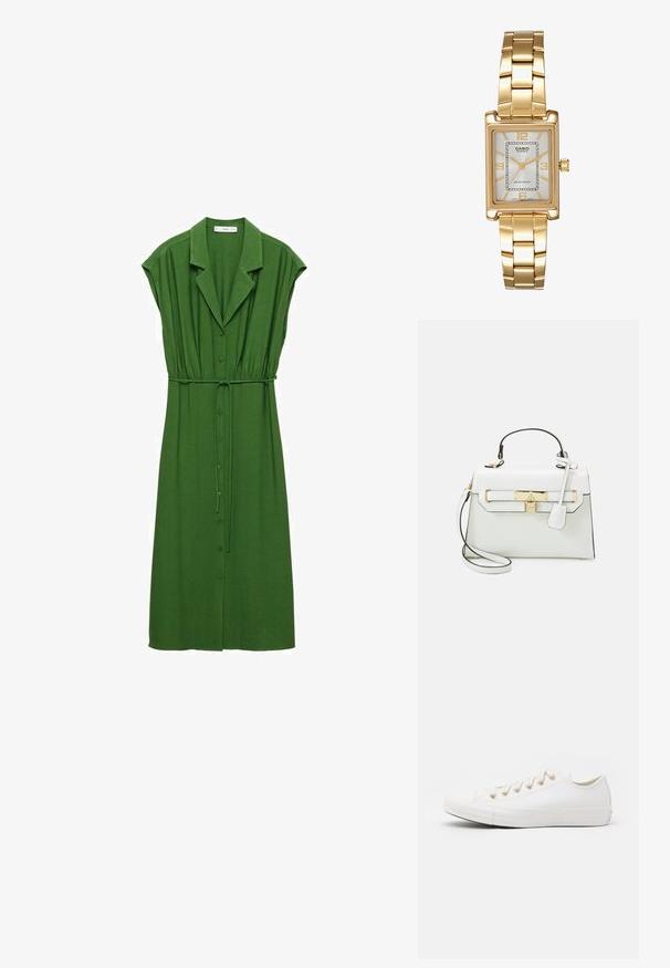 Vestido verde de botonadura con mangas cortas, cinturón en la cintura y cuello. Hecho de una tela suave con detalles plisados y un diseño de longitud media.; Converse CHUCK TAYLOR ALL STAR - Zapatillas - vintage white/light gold; Bolso blanco con textura de cocodrilo, herrajes dorados, asa superior y correa de hombro desmontable; cuenta con un cierre de bloqueo y un diseño minimalista.; Reloj de pulsera rectangular de tono dorado con esfera blanca, marcadores de horas de tono plateado y una duradera pulsera de metal. Incluye función de resistencia al agua.