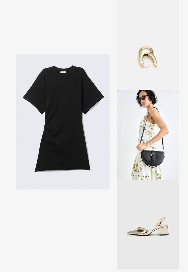 Melna kokvilnas t-krekliņa kleita ar apaļu izgriezumu, īsām piedurknēm, sānu drupināšanas detaļām un taisnu apakšmalu. Gluda tekstūra un ikdienišķs dizains.; Zeltaini, metāla kurpes ar siksniņām, norakans purngalis un masīla papēdis. Gluda tekstūra, minimālisma dizains un šaura siksna.; Melnas ādas rokassoma ar izliekta formu, noņemamu siksnu un zelta aksesuāriem. Somai ir vāciņš ar sprādzes detaļu.; Zeltīti metāla auskari ar gludu, izliekta dizaina. Ar atšķirīgu smailu formu, pulētu virsmu un eņģu aizdari.