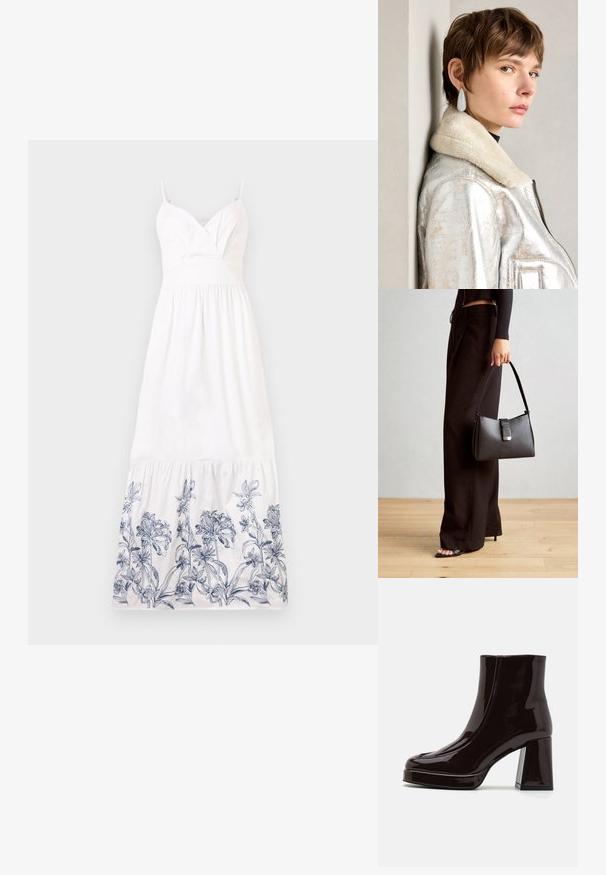 Bílá bavlněná maxi šaty s přiléhavým korzetem a ramínky na spagetti. Mají modrou květinovou výšivku kolem lemu a na nařasené sukni.; Lesklá černá lakovaná kotníková bota s širokým blokovým podpatkem, kulatou špičkou a hladkým povrchem. Obsahuje boční zip pro snadné obouvání.; Černá kabelka se strukturovaným tvarem, hladkým povrchem a kovovým uzávěrem. Kombinována s širokými černými kalhotami a sandály s otevřenou špičkou na dřevěné podlaze.; Stříbrná kovová kožená bunda s beránkovým límcem, s ozdobným zipem a texturovaným povrchem. Velké kapkovité náušnice s čirými drahokamy.