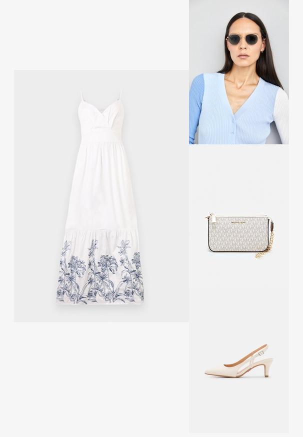 Balta medvilnės maksi suknelė su prigludusia liemene ir špagetėmis. Papuošta mėlynu gėlių siuvinėjimu palei sijono kraštą ir su sparčiai raukšlėtu sijonu.; Balti slingback kulniukai su smailiu pirštu, lygia viršutine medžiaga, žemu blokuotu kulnu ir šoniniu išpjovimu su reguliuojamu sagtimi.; Apskriti saulės akiniai su tamsiais objektyvais ir auksiniais rėmeliais. Modelis vilki šviesiai mėlyną, raukinį kardiganą su mygtukais ir kontrastingomis baltomis rankovėmis.; Michael Kors rankinė smėlio spalvos dengto kanvoje su pakartotiniu MK logotipo raštu, auksinėmis detalėmis ir nuimamu grandininiu dirželiu.