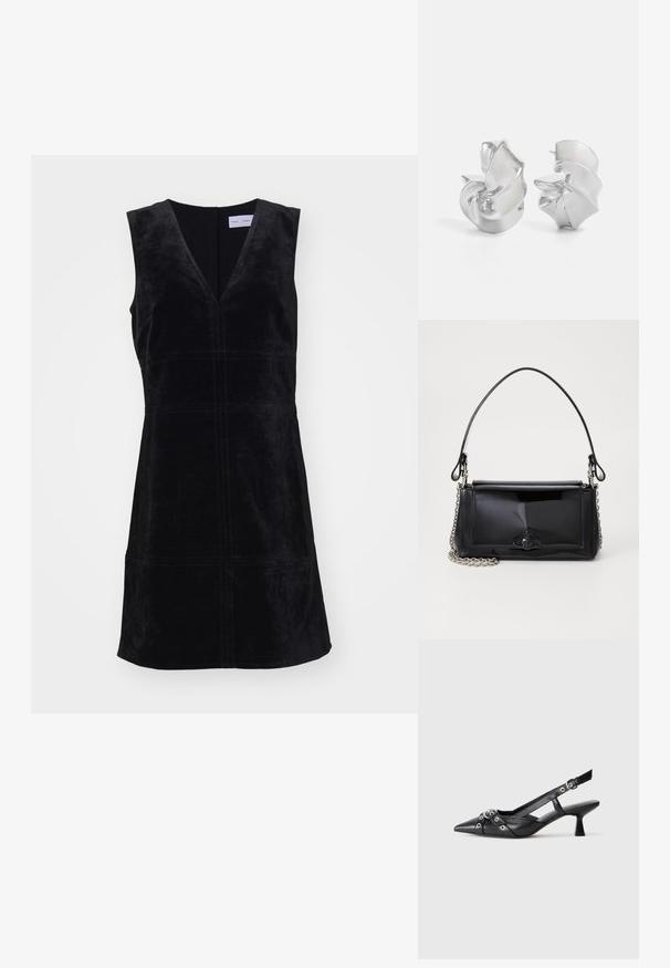 Must mustriga mustnahk, millel on sügav V-kaelus, keha lähedal lõige ja peened õmblusmustrid ilma taskuteta.; Must must have must toote tõmblukuga, dekoratiivsed rihmad metallist silmadega ja madal blokk-kand. Tekstureeritud pind.; Mustmust mustkott mustmust mustkott, millel on ristkülikukujuline kuju, kettstrap ja silmapaistev viimistlusaktsent keskel. Sile tekstuur.; Hõbedased kõrvarõngad voolava spiraalsetega kujunduses. Sile tekstuur poleeritud viimistlusega. Omab peent läiget ja ei oma nähtavaid kaunistusi.