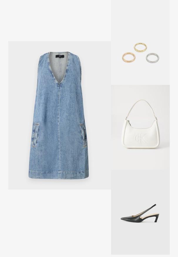 7 for all mankind V NECK DRESS - Džinsinė suknelė - arizona; Juodas smailus slingback batelis su žemu kulnu, pagamintas iš lygaus odos paviršiaus ir su išpjovomis šone, užtikrinančiomis oro pralaidumą.; Balta odinė rankinė su išlenkta forma, su reljefiniu "CK" logotipu priekyje ir viena petneša. Užtrauktuko uždarymas viršuje.; Trys metalinės žiedai: vienas rožinės aukso, vienas auksinis su tekstūruotais akcentais ir vienas sidabrinis, visi su įmintu ženklinimu vidinėje juostoje.