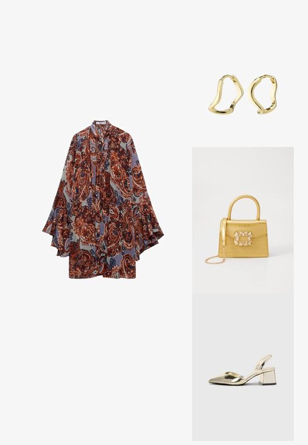 Mango Jurk - brown; Gouden, metalen slingback hakken met een spitse neus en een chunky hak. Glad oppervlak, minimalistisch ontwerp en een smalle band.; Geel faux-krokodillenhandtas met een gestructureerd ontwerp, bovenhandvat, afneembare kettingriem en decoratieve kristallen versiering op de sluiting.; Gouden creolen met een vloeiende, golvende vorm. Glad oppervlak, open ontwerp en geen zichtbare sluitingen. Minimalistische en moderne uitstraling.