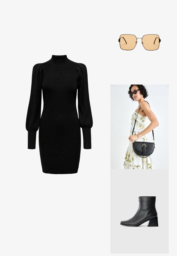 Svart stickad klänning med hög hals, långa puffärmar och ribbad textur. Formsydd silhuett som når mitt på låret. Inga synliga mönster eller detaljer.; Svart läderankelboot med fyrkantig tå, sidodragkedja och klack mot en enkel ljus bakgrund.; Fyrkantiga solglasögon med bruna linser och en tunn svart metallram. Har vinklade skalmar och justerbara näsdelar för ökad komfort.; Svart läderhandväska med en böjd form, avtagbar rem och guldiga detaljer. Väskan har ett lock med en spänndetalj.