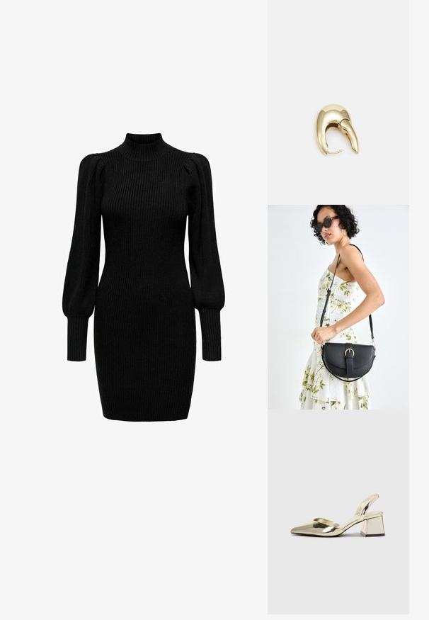 Juoda megzta suknelė su aukštu kaklu, ilgomis pūstomis rankovėmis ir įspaustu raštu. Prilipusio silueto, siekianti ketvirtadalio šlaunies. Nėra matomų raštų ar detalių.; Auksiniai, metaliniai slingback aukštakulniai bateliai su smailiu pirštu ir masyviu kulnu. Lygus paviršius, minimalizmo dizainas ir siaura juostelė.; Juodas odinis krepšys su išlenkta forma, nuimamu dirželiu ir auksiniais detalėmis. Krepšys turi kilpą su sagtimi.; Aukso tono metalinės auskarai su stilingu, kreiviu dizainu. Išsiskiria ryškiu smailiu pavidalu, poliruota paviršiumi ir užsegimu su vyriu.